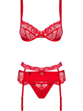 Obsessive: Heartina, Underwire Bra, Garter Belt, Thong, rød