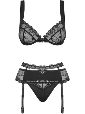 Obsessive: Heartina, Underwire Bra, Garter Belt, Thong, svart