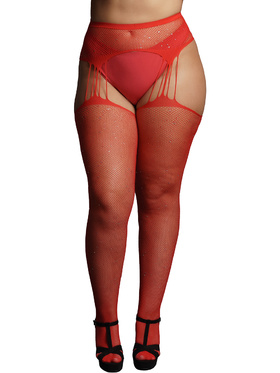 Le Désir: Suspender Rhinestone Pantyhose, rød, One Size Plus