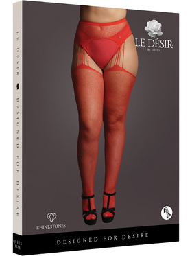 Le Désir: Suspender Rhinestone Pantyhose, rød, One Size Plus
