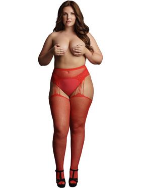 Le Désir: Suspender Rhinestone Pantyhose, rød, One Size Plus
